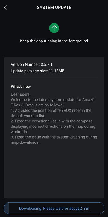 Releaseanteckningarna för firmwareversion 3.5.7.1 för Amazfit T-Rex 3 smartwatch. (Bildkälla: u/Ech0ke via Reddit)