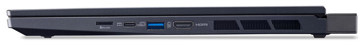 Höger sida: MicroSD-kortläsare, USB 3.2 Gen 2 (USB-C; Power Delivery, DP Alt Mode), USB 3.2 Gen 2 (USB-A), HDMI