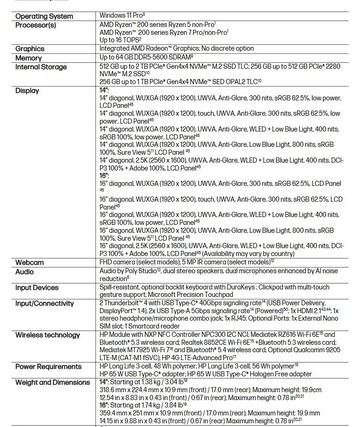 Specifikationer för HP EliteBook 6 G1a AI PC. (Bildkälla: HP)