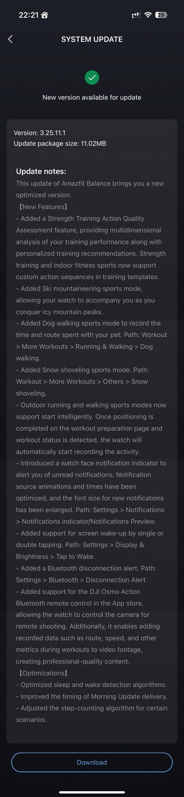 De fullständiga släppanteckningarna för Amazfit Balance version 3.25.11.1-uppdateringen. (Bildkälla: u/Nurkamol via Reddit)