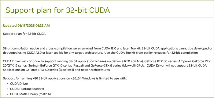 Nvidias meddelande om framtiden för 32-bitars CUDA-stöd. (Bildkälla: Nvidia)