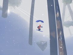 På bilden: Spelarkaraktären skärmflyger i en tät skog under en snöstorm. (Källa: Skärmdump från Studio Gauntlet's Sno: Ultimate Freeriding)