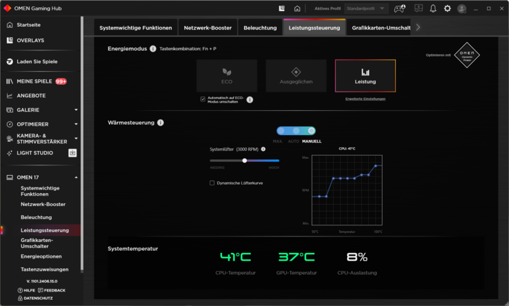 Omen Gaming Hub ger möjlighet till individuell fläktjustering.