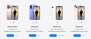 På Apple iPhone-sidan efter lanseringen av iPhone 16E finns inte längre iPhone 14 och iPhone SE. (Bildkälla: Apple)