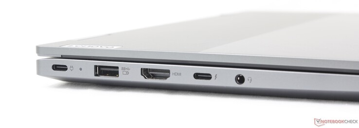 Vänster: USB-C med PD 3.0 + DisplayPort 1.4 (10 Gbps), UAB-A (5 Gbps), HDMI (4K60), USB-C med Thunderbolt 4 + PD + DP 1.4, 3,5 mm headset
