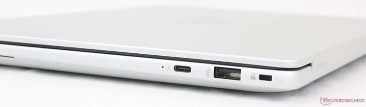 Höger sida: USB-C Thunderbolt 4 med DisplayPort 2.1 + Power Delivery (40 Gbps), USB-A (10 Gbps), säkerhetslås