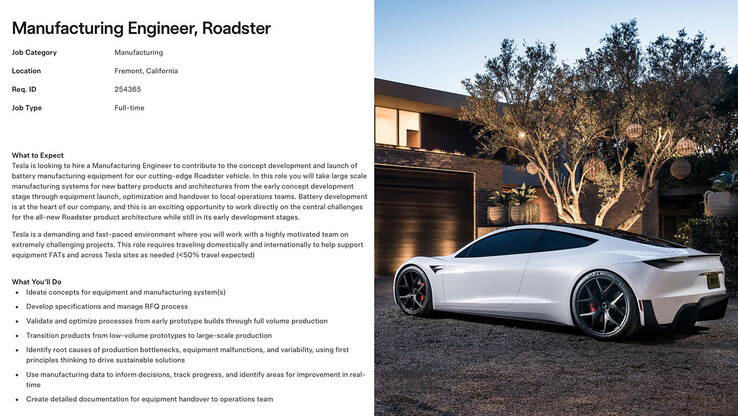 Jobbannonsen för batteritillverkning av Tesla Roadster 2. (Bildkälla: Sawyer Merritt/X)