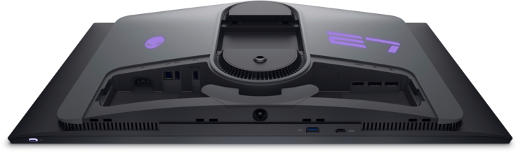 Alienware AW2725DF: Strömknapp, kontrolljoystick och portar. (Bildkälla: Dell)