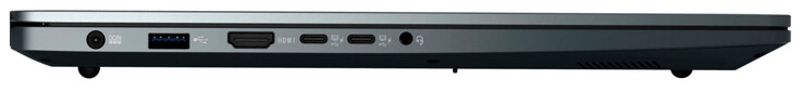 Vänster sida: strömanslutning, USB 3.2 Gen 1 (USB-A), HDMI, 2x USB 3.2 Gen 1 (USB-C; Power Delivery, DP Alt-Mode), ljudkombination