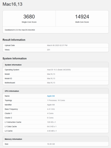 M4 MacBook Air Geekbench CPU-poäng (bildkälla: Geekbench)