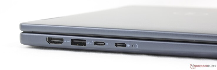 Vänster: HDMI 1.4 (endast upp till 1080p60), USB-A 3.2 Gen. 1, 2x USB-C 3.2 Gen. 2 (10 Gbps) med DisplayPort 1.4 + Power Delivery