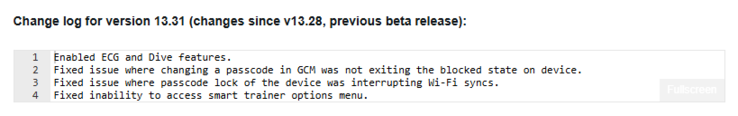 Ändringsloggen för betaversion 13.31 för Garmin Enduro 3 och relaterade smartklockor. (Bildkälla: Garmin)