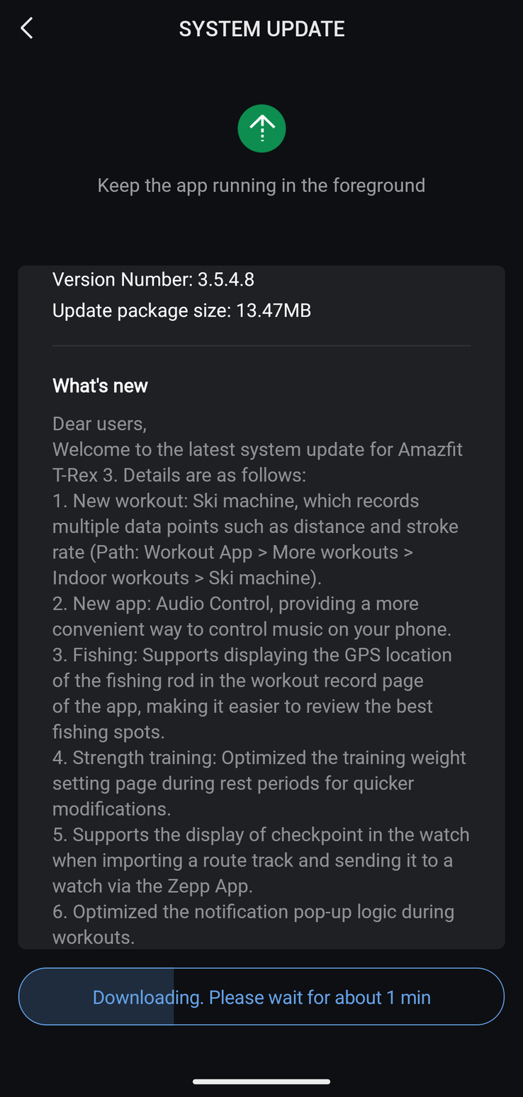 Ändringsloggen för Amazfit T-Rex 3 version 3.5.4.8 uppdatering. (Bildkälla: u/Ech0ke via Reddit)