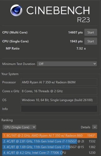 AMD Ryzen AI 7 350 Cinebench R23-poäng (bildkälla: Baidu)