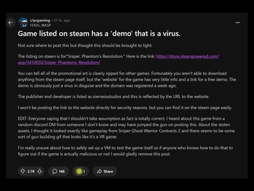 Infekterat Steam-demo Reddit-inlägg (Bildkälla: skärmdump, PC Gaming subreddit)