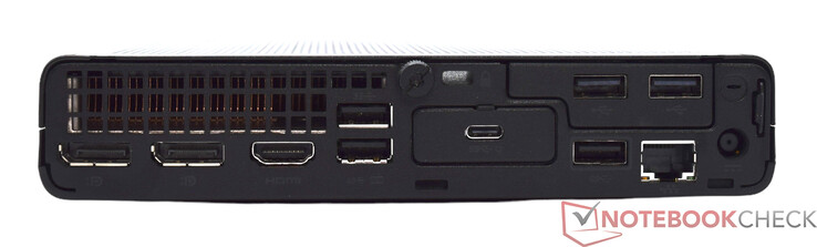 Baksida: 2x DisplayPort 1.4, HDMI 2.1, 3x USB Typ-A 10 Gbit/s, 2x USB Typ-A 2.0, USB Typ-C 10 Gbit/s, RJ45 GBit-LAN, strömkontakt