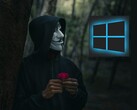 En person som bär en Guy Fawkes-mask tittar på en Windows-logotyp (Bildkälla: Peakpx och Ahmed Zayan via Unsplash; redigerad)