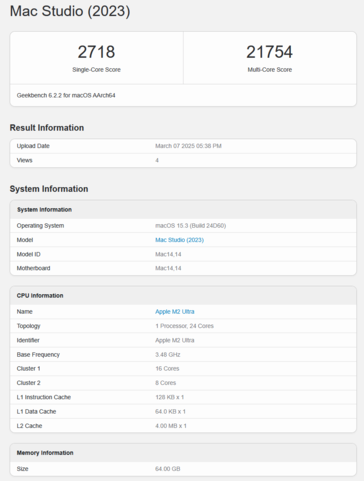 Apple M2 Ultra Geekbench CPU-poäng (bildpoäng Geekbench)