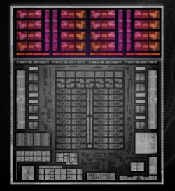 Ryzen AI Max+ 395 illustration, CPU markerad i rött (källa: AMD)