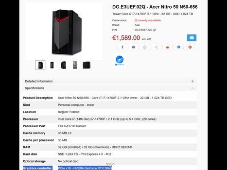 Acer Nitro 50 RTX 5060 gaming PC-lista (Bildkälla: VideoCardz)