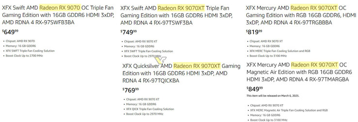 Platshållarpriser för XFX RX 9070- och RX 9070 XT-kort. (Bildkälla: VideoCardz)