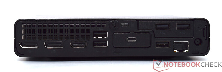Baksida: 2x DisplayPort 1.4, HDMI 2.1, 3x USB typ-A 10 Gbit/s, 2x USB typ-A 2.0, USB typ-C 10 Gbit/s, RJ45 GBit-LAN, strömkontakt