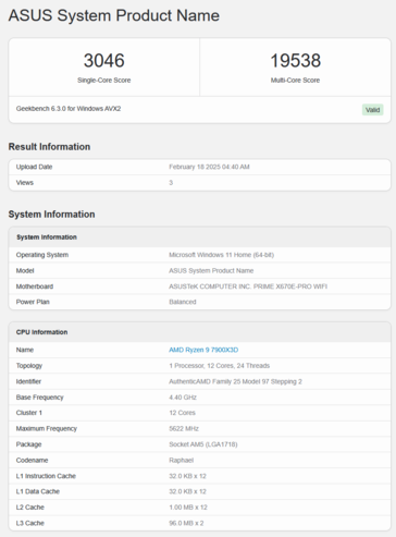 Ryzen 9 7900X3D Geekbench (bildkälla: Geekbench)