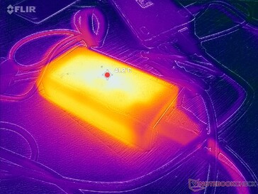 AC-adaptern kan nå över 41 C när man kör krävande laster under långa perioder