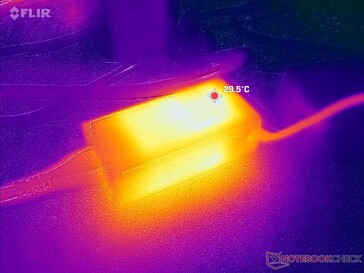 AC-adaptern når knappt 30 C när den körs med krävande belastningar under långa perioder