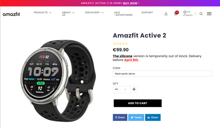 Amazfit Active 2 smartwatch är listad som slut i lager i vissa europeiska länder. (Bildkälla: Amazfit)