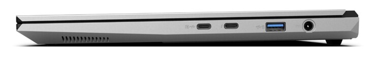 Höger sida: USB-C 3.2 Gen. 2 (10 Gbit/s, DisplayPort 1.4a, G-Sync-kompatibel, ingen strömförsörjning), USB-C 4.0 med Thunderbolt 4 (40 Gbit/s, DisplayPort 2.1, strömförsörjning), USB-A 3.2 Gen. 2 (10 Gbit/s, strömförsörjning), ström in