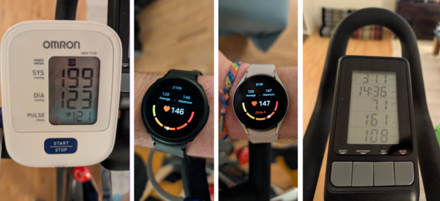 Träningsjämförelse - Vänster: Omron. Mitten vänster: Galaxy Watch 4. Mitten höger: Galaxy Klocka 5. Till höger: Cykel (Bildkälla: David Devey / Notebookcheck)