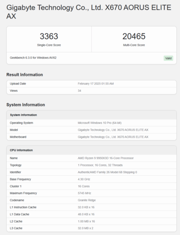 Ryzen 9 9950X3D Geekbench (bildkälla: Geekbench)