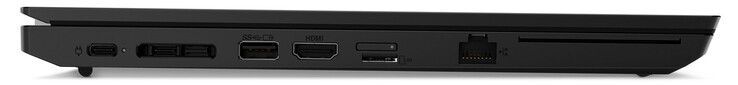 Vänster sida: 1x USB-C 3.2 Gen1 (strömkontakt), 1x Thunderbolt 4, dockningsport, 1x USB-A 3.2 Gen1, HDMI, microSD-kortläsare, GigabitLAN, smartkortläsare