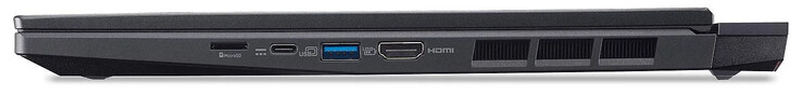 Höger sida: MicroSD-kortplats, USB 3.2 Gen 2 (USB-C; Power Delivery, DP Alt Mode), USB 3.2 Gen 2 (USB-A), HDMI