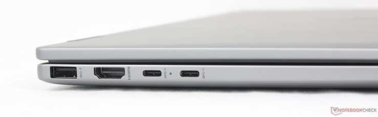 Vänster: USB-A (10 Gbps), HDMI 2.1, 2x USB-C (10 Gbps med DisplayPort 1.4a + Power Delivery)