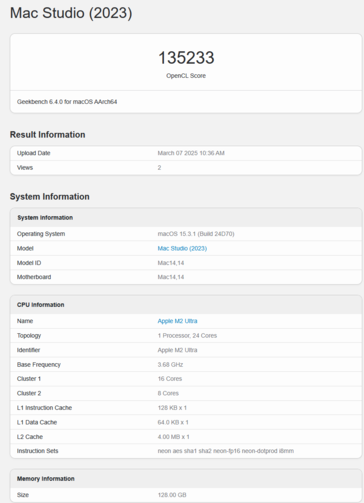 Apple M2 Ultra Geekbench GPU OpenCL-poäng (bildpoäng Geekbench)