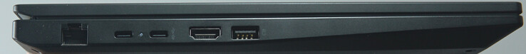 Anslutningar till vänster: LAN-port (1 Gbit/s), USB-C (10 Gbit/s, PD, DP), USB-C (40 Gbit/s, PD, DP), HDMI, USB-A (10 Gbit/s)