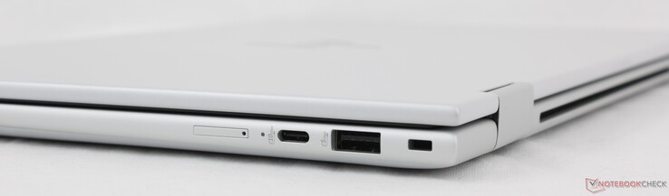 Höger sida: Nano-SIM-kortplats (tillval), USB-C med Power Delivery + DisplayPort 1.4 (10 Gbps), USB-A 3.2 Gen. 1 (5 Gbps), Nano-låsplats