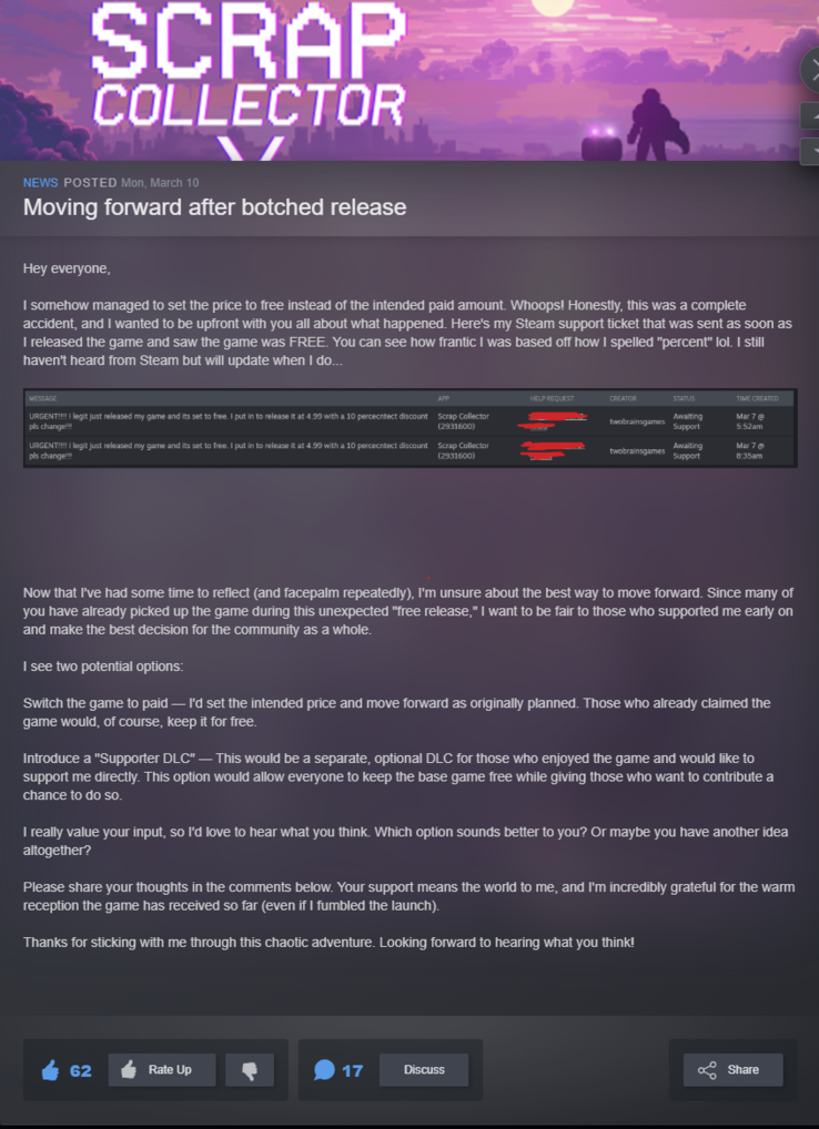 Utvecklarens uttalande, publicerat den 10 mars. (Bildkälla: Steam community)