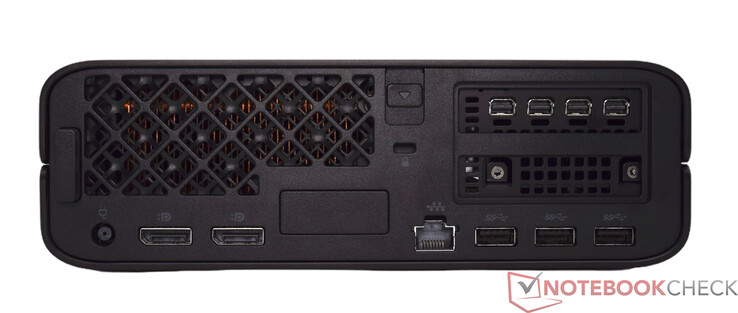 Bakre panel: Strömkontakt, 2x DisplayPort 1.4, GBit-LAN, Kensington Lock, 3x USB-A 10 Gbps, 4x Mini DisplayPort 1.4a