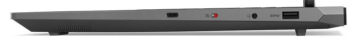 Höger sida: USB 3.2 Gen 2 (USB-C; Power Delivery, DisplayPort), switch för webbkamera, ljudkombination, USB 3.2 Gen 1 (USB-A)