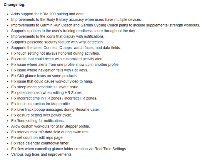Ändringsloggen för stabil programvara version 22.22 eller vissa Garmin Forerunner smartklockor. (Bildkälla: Garmin)