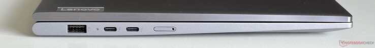 Vänster: USB-A 3.2 Gen 1 (5 Gbit/s, alltid på), 2x USB-C 4.0 med Thunderbolt 4 (40 Gbit/s, DisplayPort 2.1, Power Delivery 3.0), Nano SIM-kort